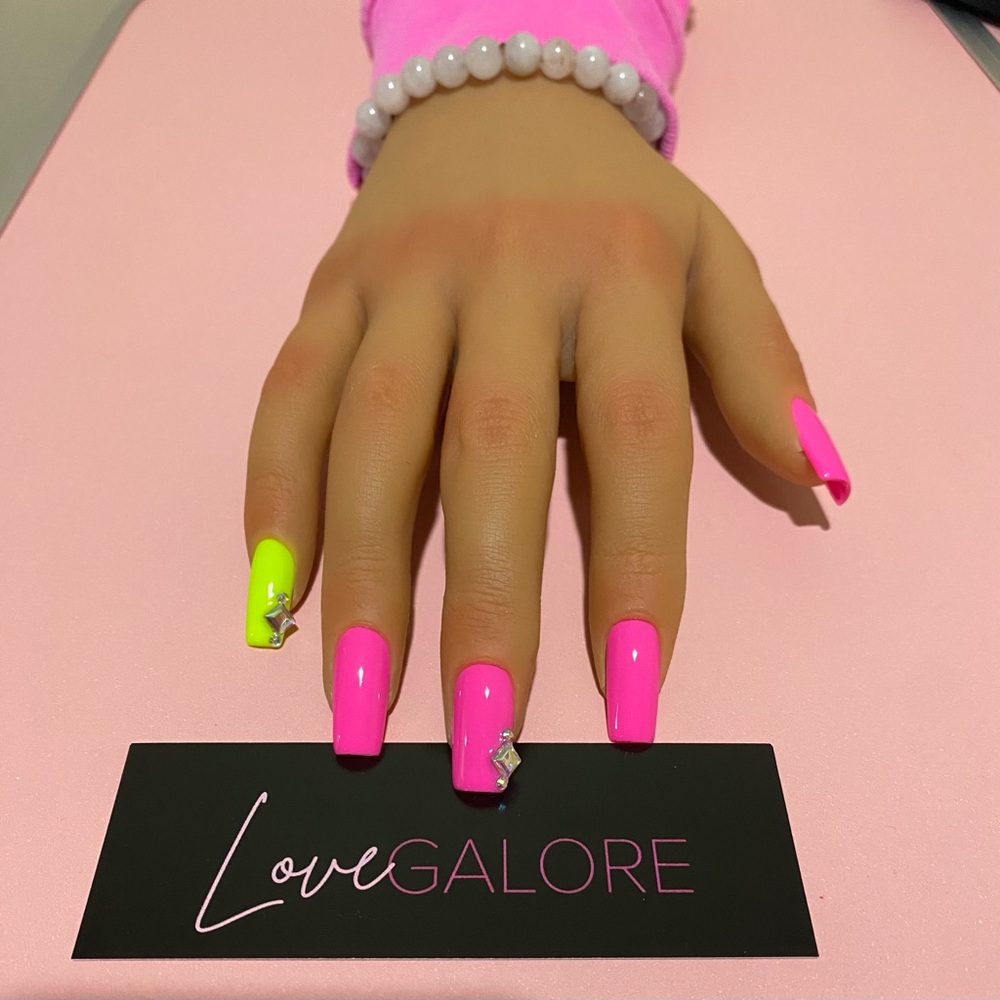 Hand Crafted Medium Square Pink/Neon (glow in the dark)  Love Galore Press Ons